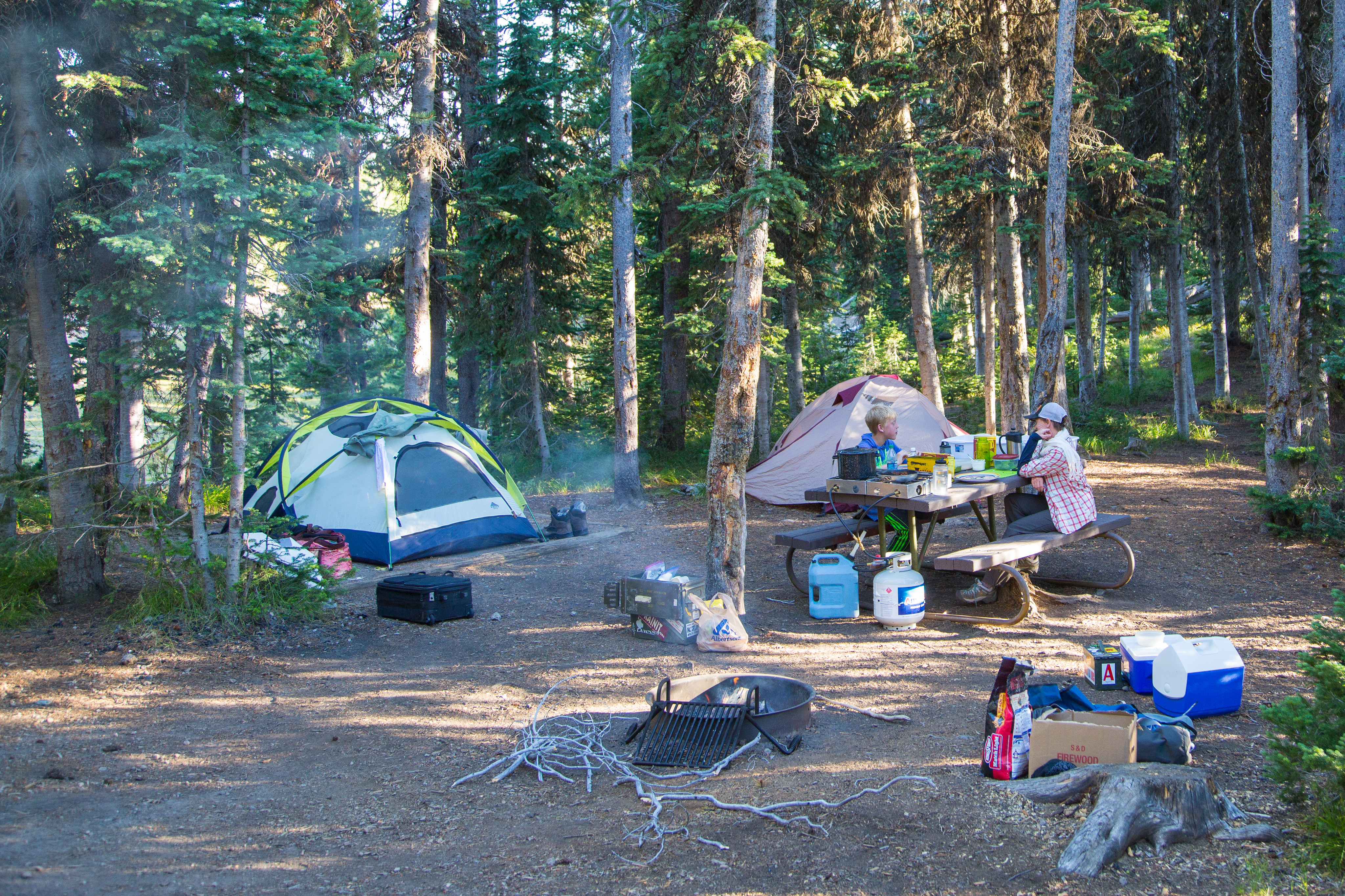 two people sitting at a picnic table at a campsite