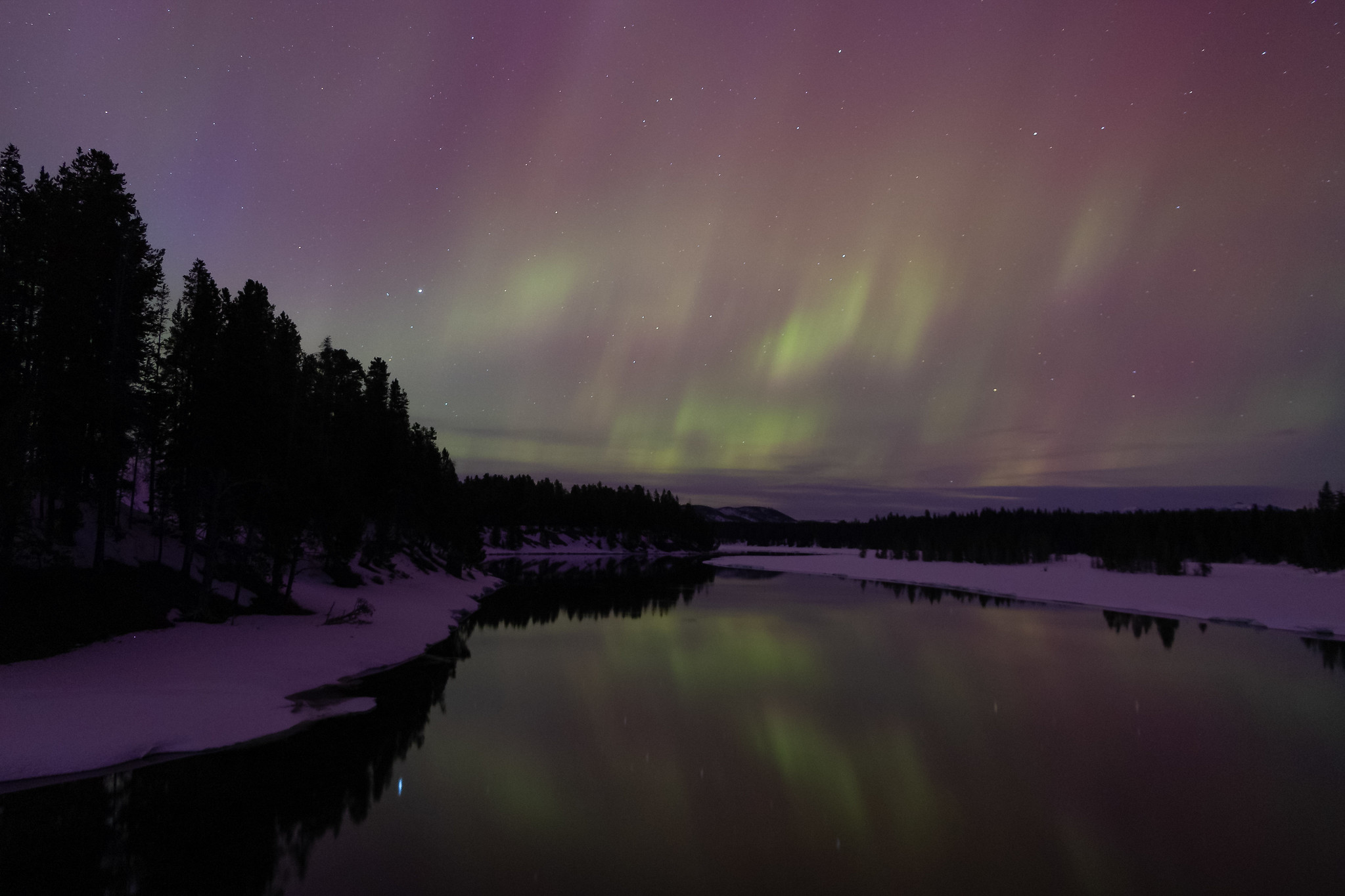 Aurora borealis over the Yellowstone River at Fishing Bridge