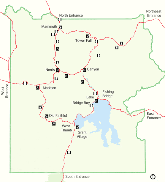 Map of Yellowstone National Park with video links based on the locations the videos represent.