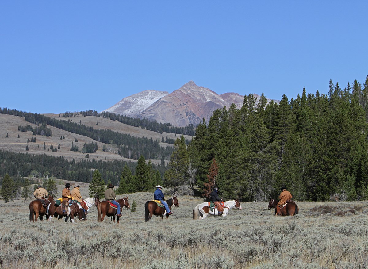 A group of horseback riders depart from the Glen Creek Trailhead.