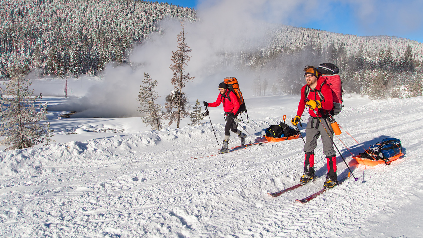 Backcountry campers ski touring near Bijah Spring