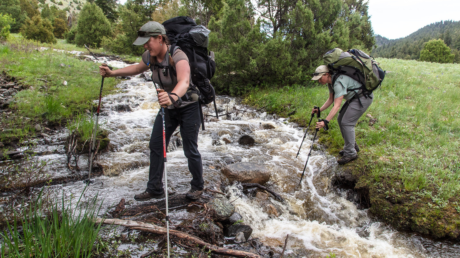 Backcountry hikers cross a stream