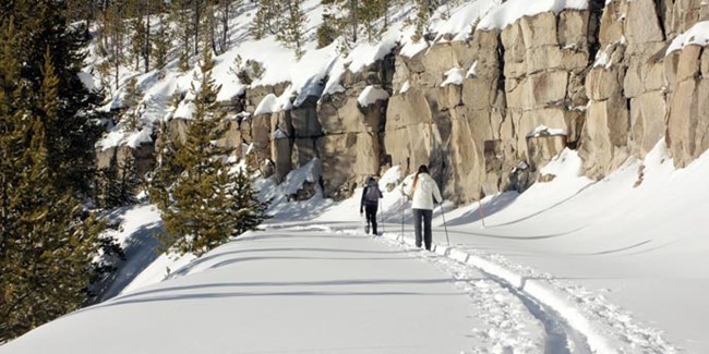 Two people ski in single file along a snow covered road