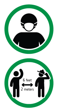 Two green-circled images, one of a person wearing a mask and the other of two people standing 6 feet apart.