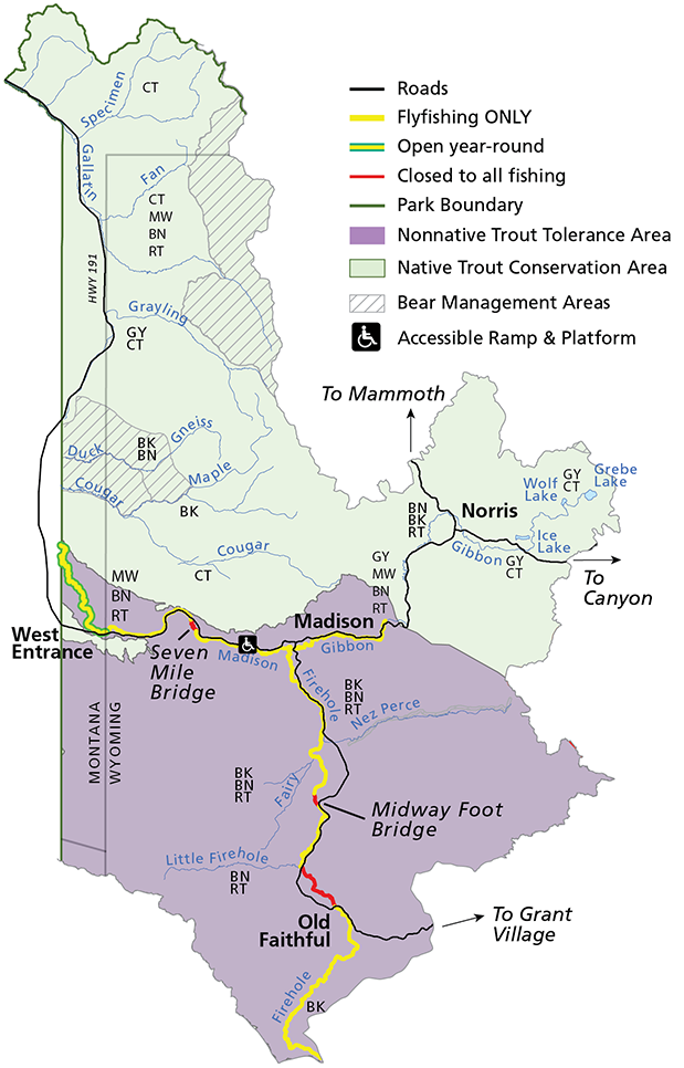 Map of Yellowstone's Northwest showing fishing locations
