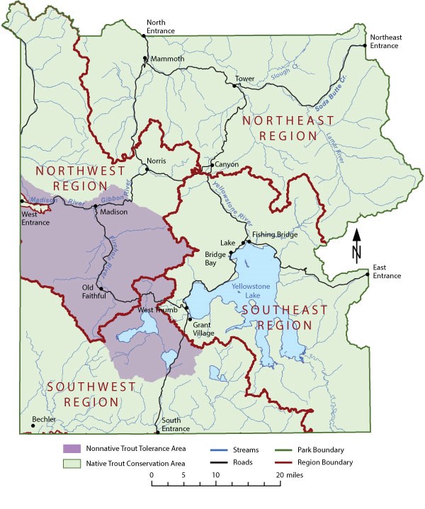 Map of Yellowstone showing the four fishing regions
