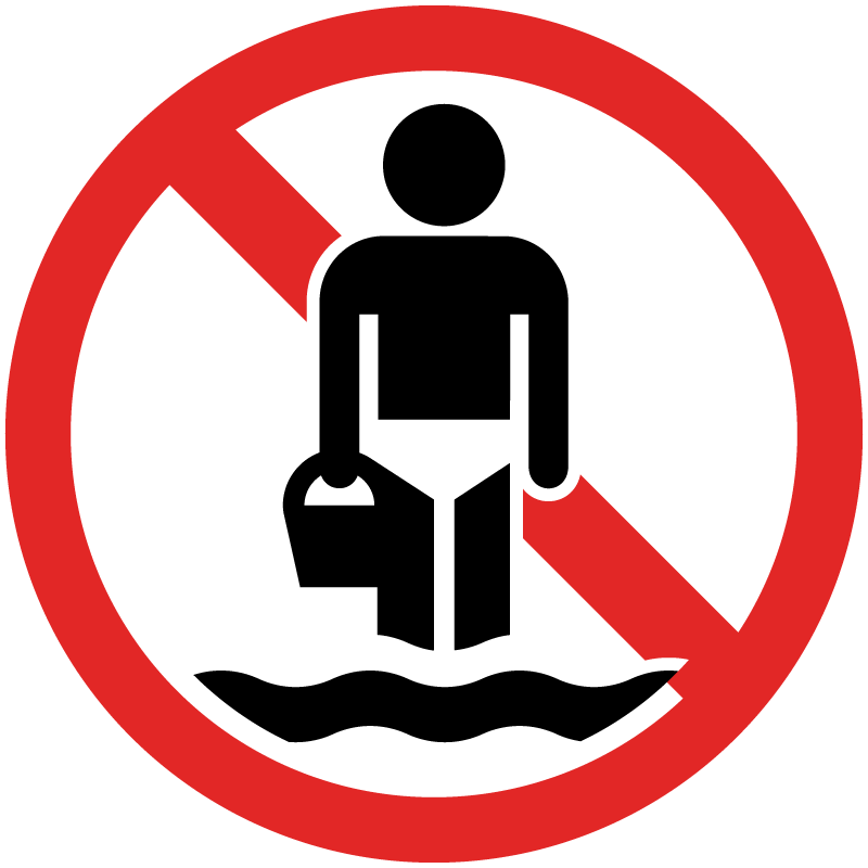 A symbol of a wading person with a red circle and slash through them to show that wading is not allowed.