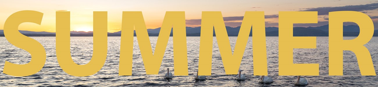 The text "Summer' over a sunset over a lake.