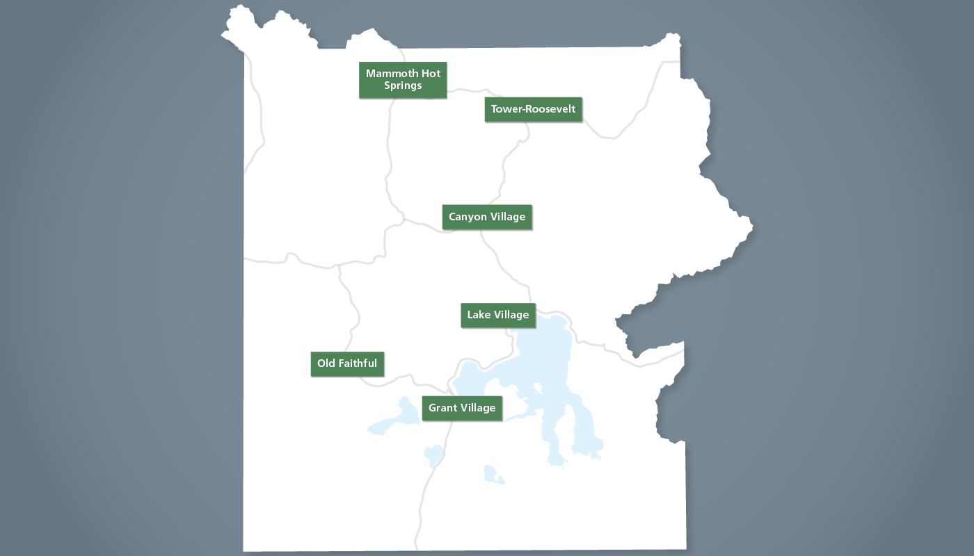 An outline of the boundary of Yellowstone National Park, with the main areas shown in green boxes.