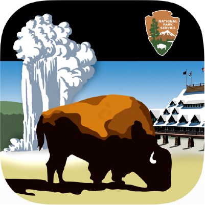 An app icon with a bison, geyser, and a-frame building.