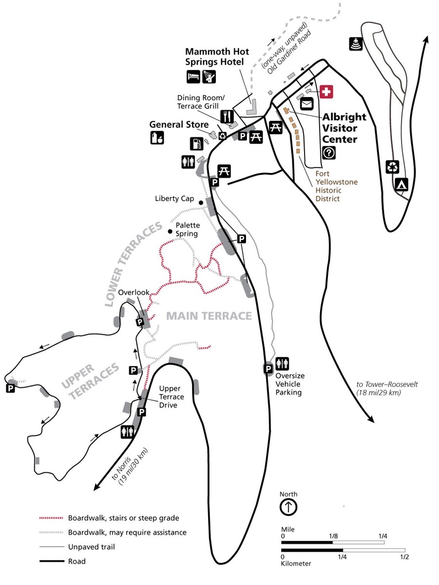 Map showing the location of services and the accessibility levels of trails.