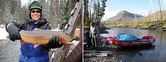 A collage of photos: person holding a giant trout and a person standing next to a boat by a body of water.