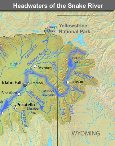 Map shows headwaters of Snake River originating from Yellowstone National Park