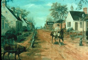 Sidney King painting of Yorktown's Main Street in the 1700's