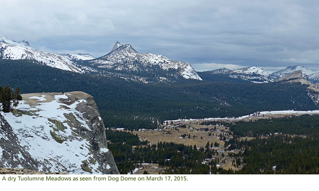 A view of Tuolumne Meadows from Dog Dome with very little snow.