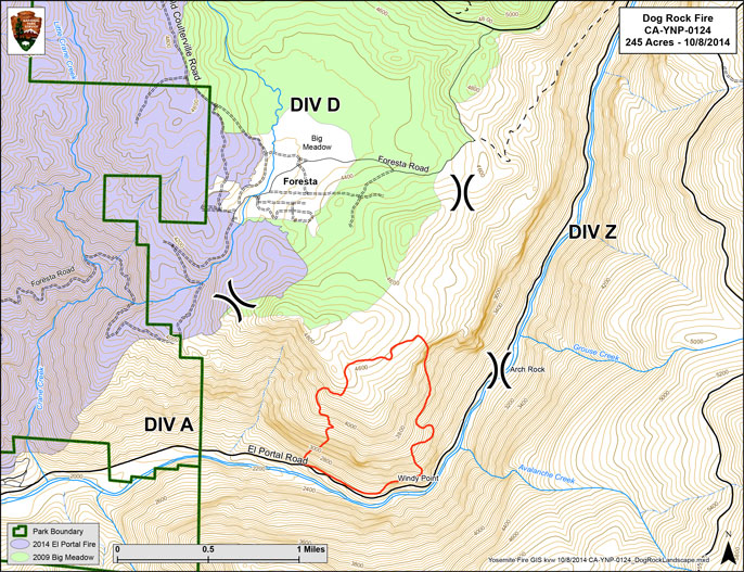 Map showing the fire area north of the Merced River in the Merced Canyon