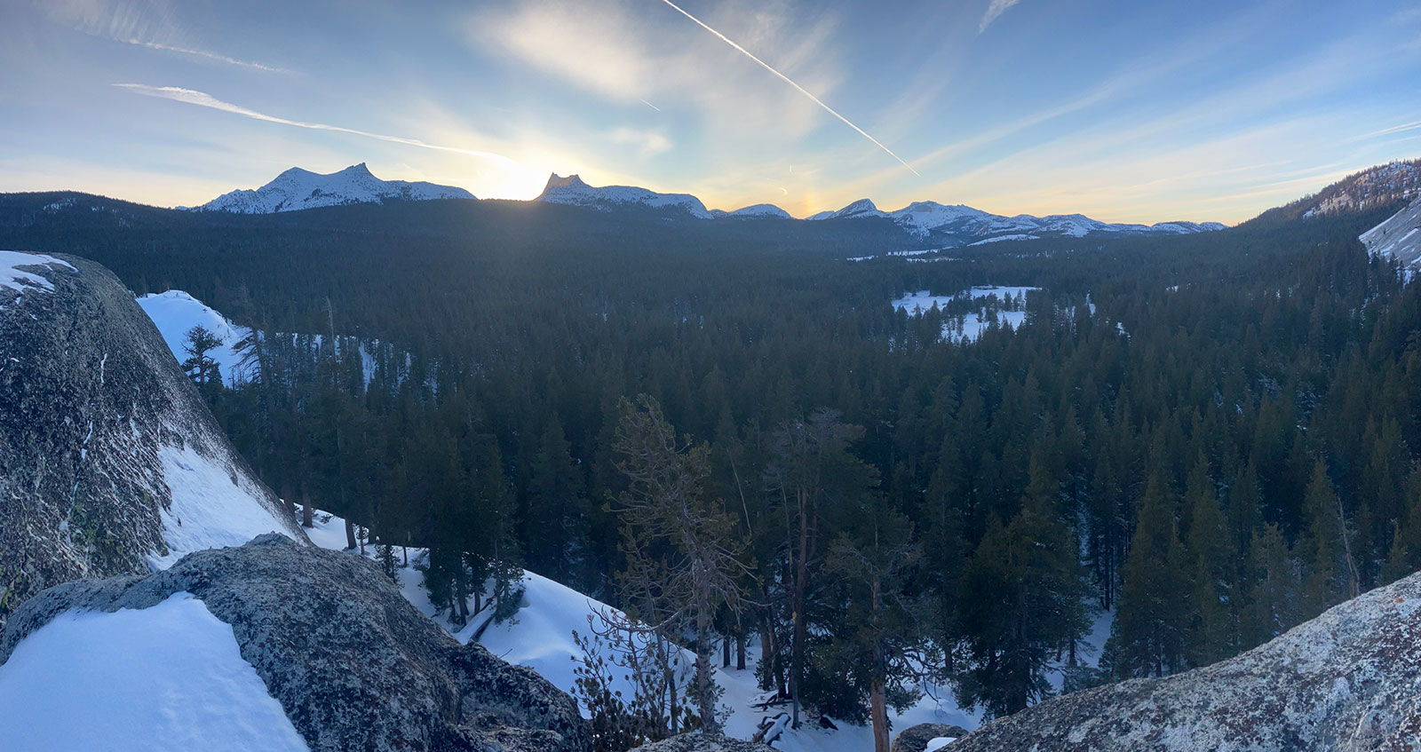 Cathedral Range silhouette in the setting sun on December 30, 2024.