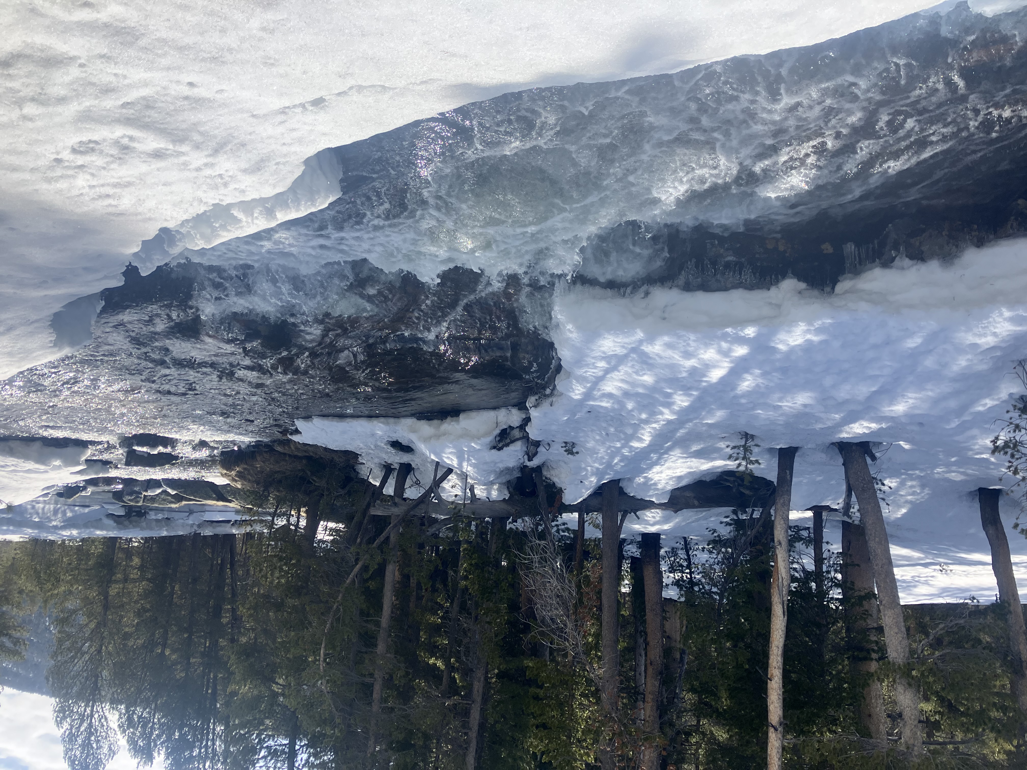 Creek raging through snowy riverbanks