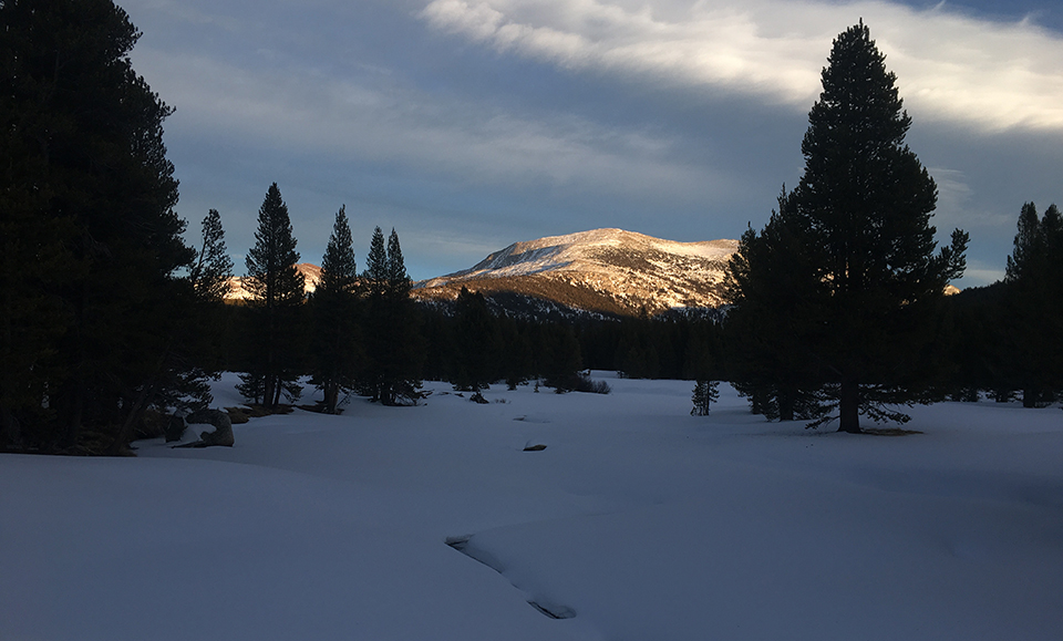 Mammoth Peak and the Tuolumne River at sunset on January 8,2021