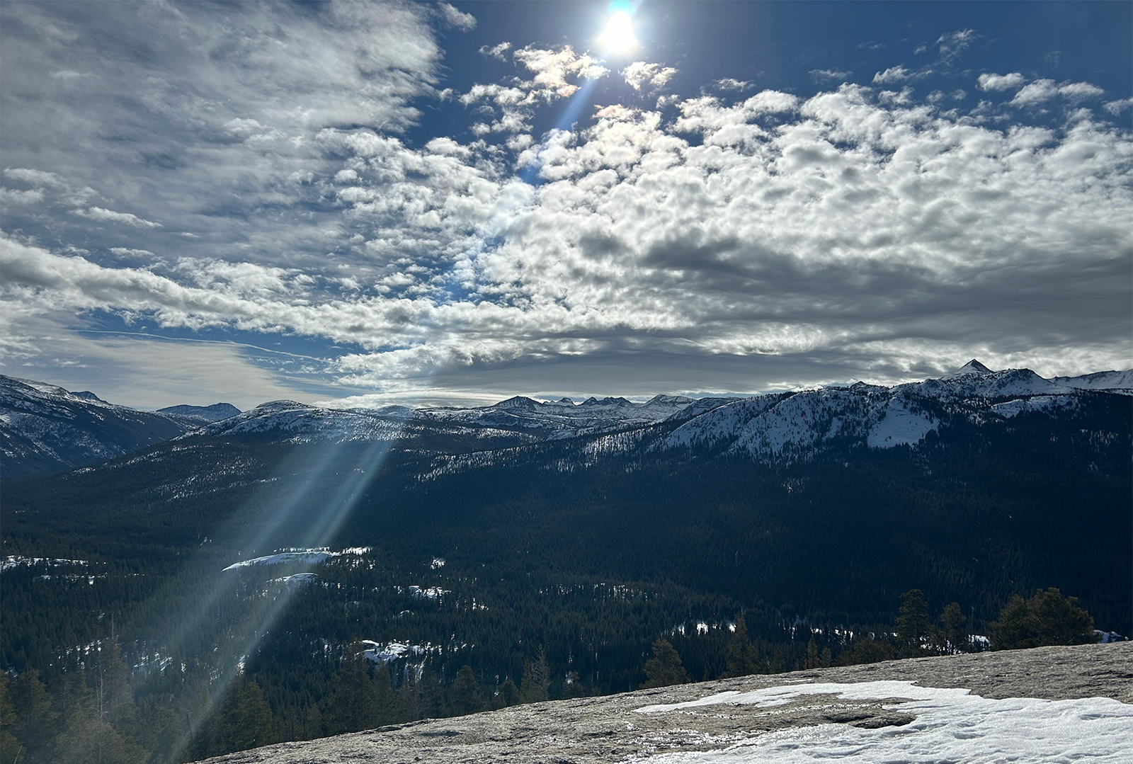 Rays of sunlight over Tuolumne Meadows on the Winter Solstice 2024.
