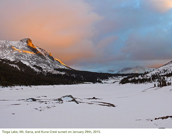 Sunset on snow covered Tioga Lake, Mt. Dana, and Kuna Crest on January 29th, 2015