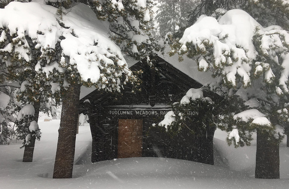 Tuolumne Meadows Ranger Station on a snowy December 27, 2021.