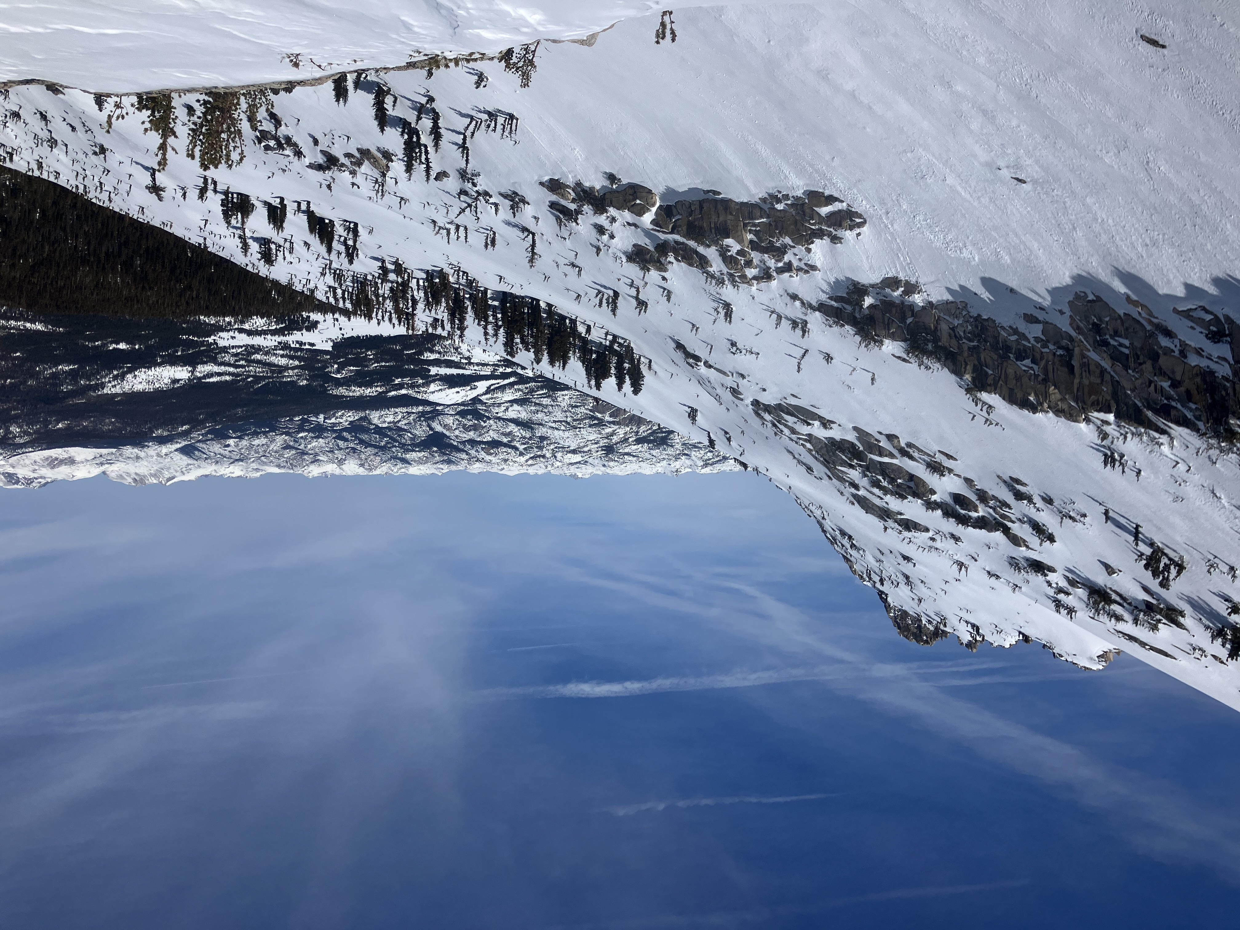 Looking down from the side of a snowy ridge toward a snowy Tuolumne Meadows surrounded by forest and numerous snowy peaks beyond that