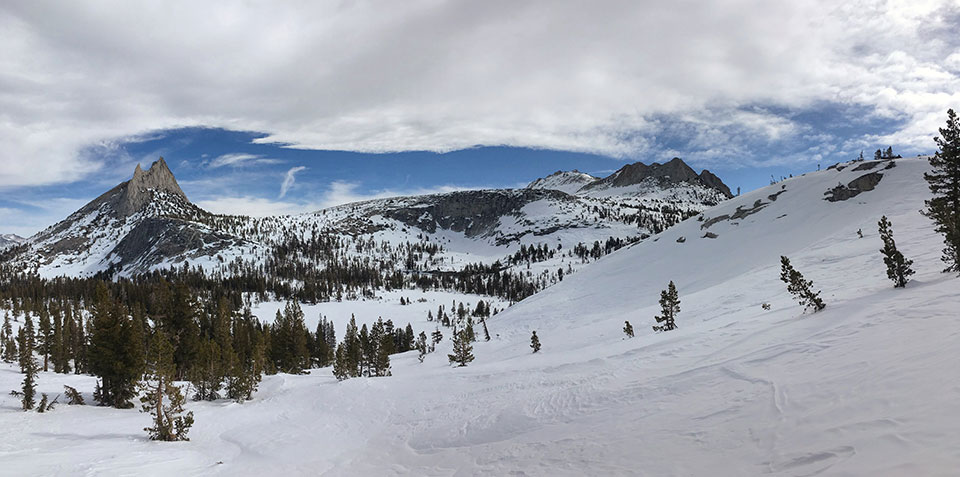 Snow covered Upper Cathedral Lake on February 9, 2022. 