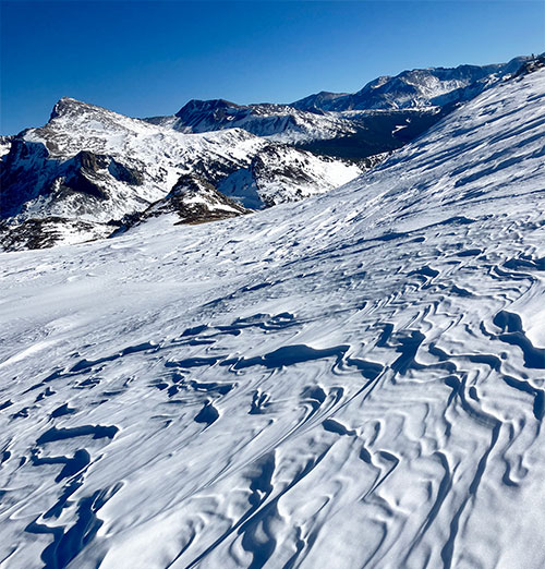 Wind hardened and patterned snow on the Sierra Crest January 17, 2025.