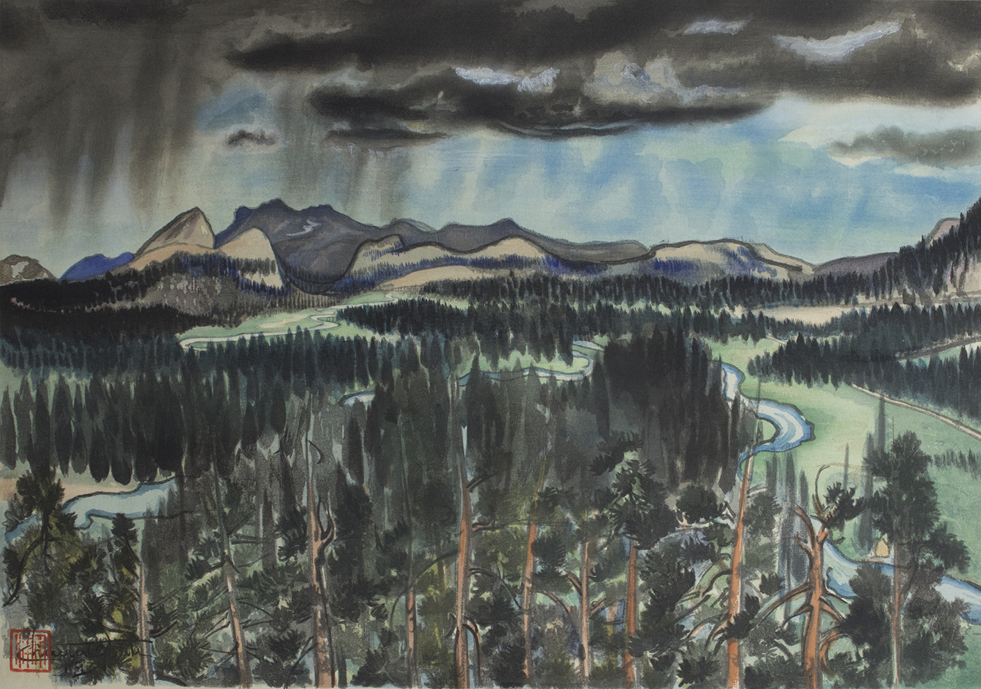 Chiura Obata, Before Thunderstorm, Tuolumne Meadows, 1930, color woodcut on paper