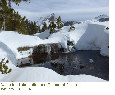 Cathedral Lake outlet and Cathedral Peak on January 28, 2016
