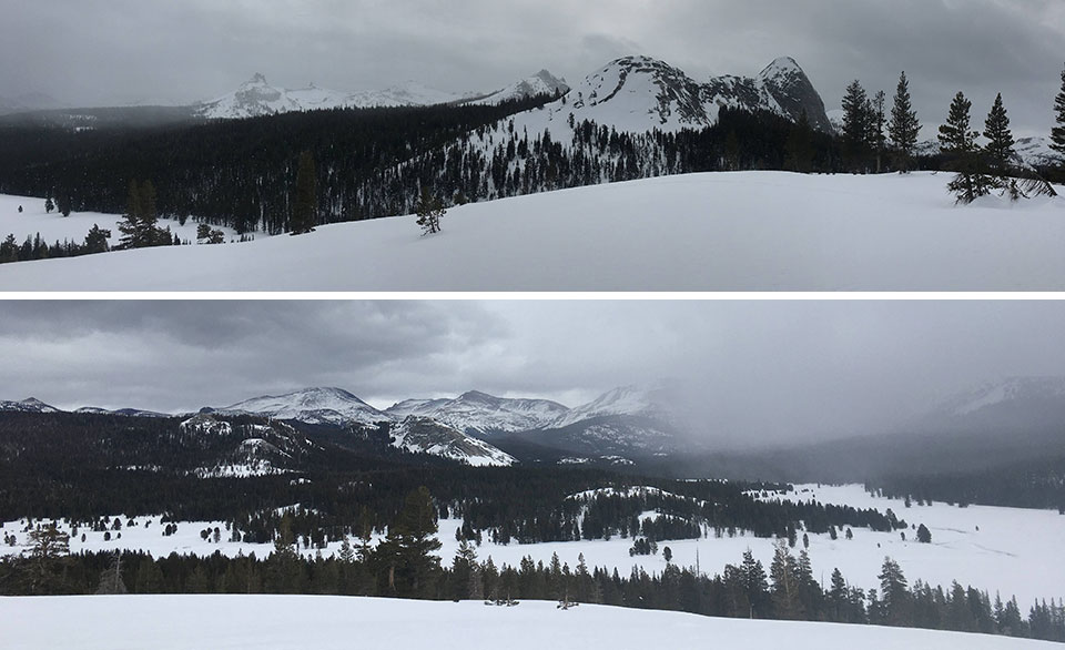 Top image: Grey skies and views of Marmot Dome and Fairview Dome as seen from Pothole Dome; Bottom image: Grey skies and views of Lembert Dome and Mts. Dana and Gibbs 