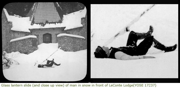 Glass lantern slide and close up of it - man in snow in front of LeConte Lodge