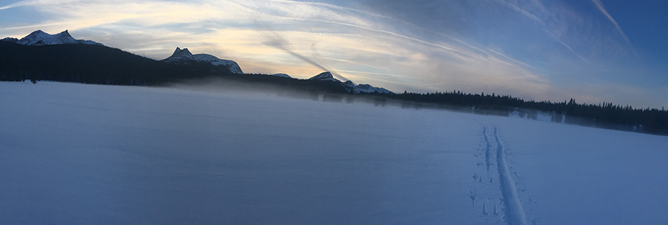 Ground fog at Sunset with ski tracks on December 16, 2020