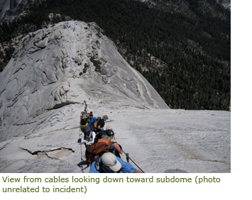 Looking down Half Dome cables toward the subdome