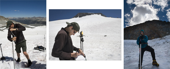 Photos of researchers measuring Lyell Glacier in 2011