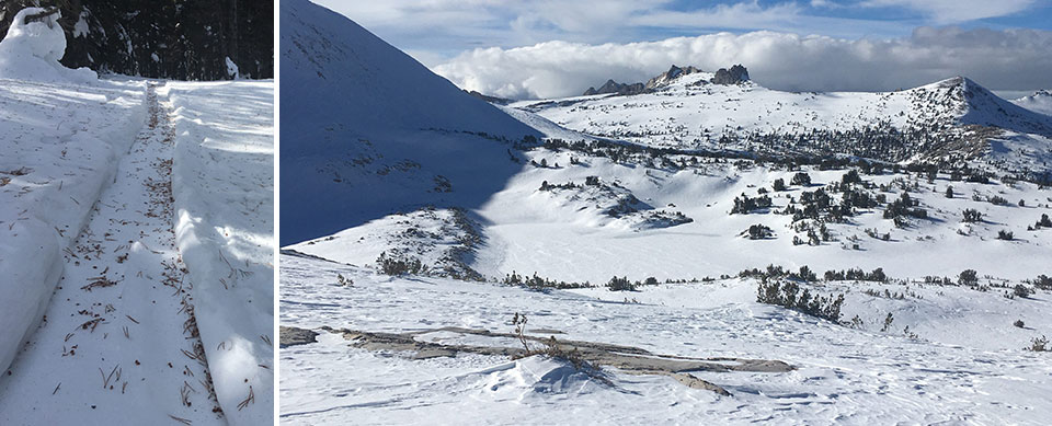 Left image: Tree debris in ski track; Right image: Obata Lake on January 17, 2022.
