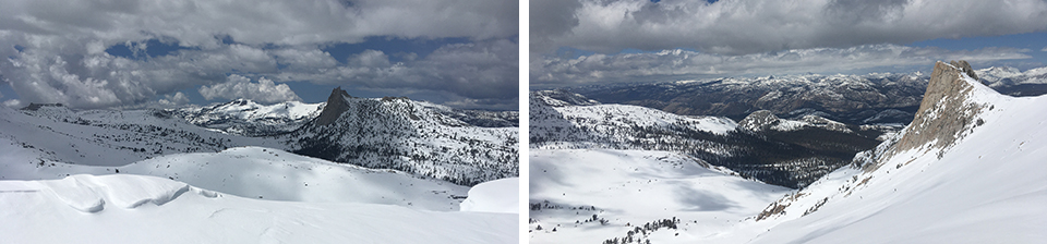 Left image shows Cathedral Peak and Mt. Hoffmann from a distance covered in some snow. Right image shows Unicorn Peak and Budd Creek also covered in some snow.