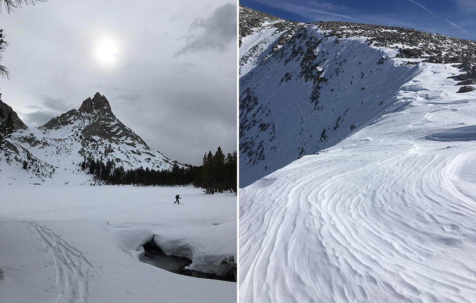 Left photo shows Ragged Peak and Young Lake with skier on March 2, 2021. Right photo shows wind and snow patterns on Lake Helen pass on March 5, 2021. 