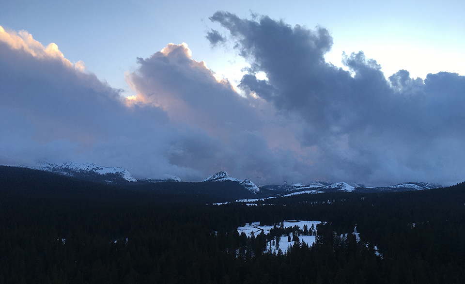 Storm clouds above Tuolumne Meadows at sunset on April 13, 2020.