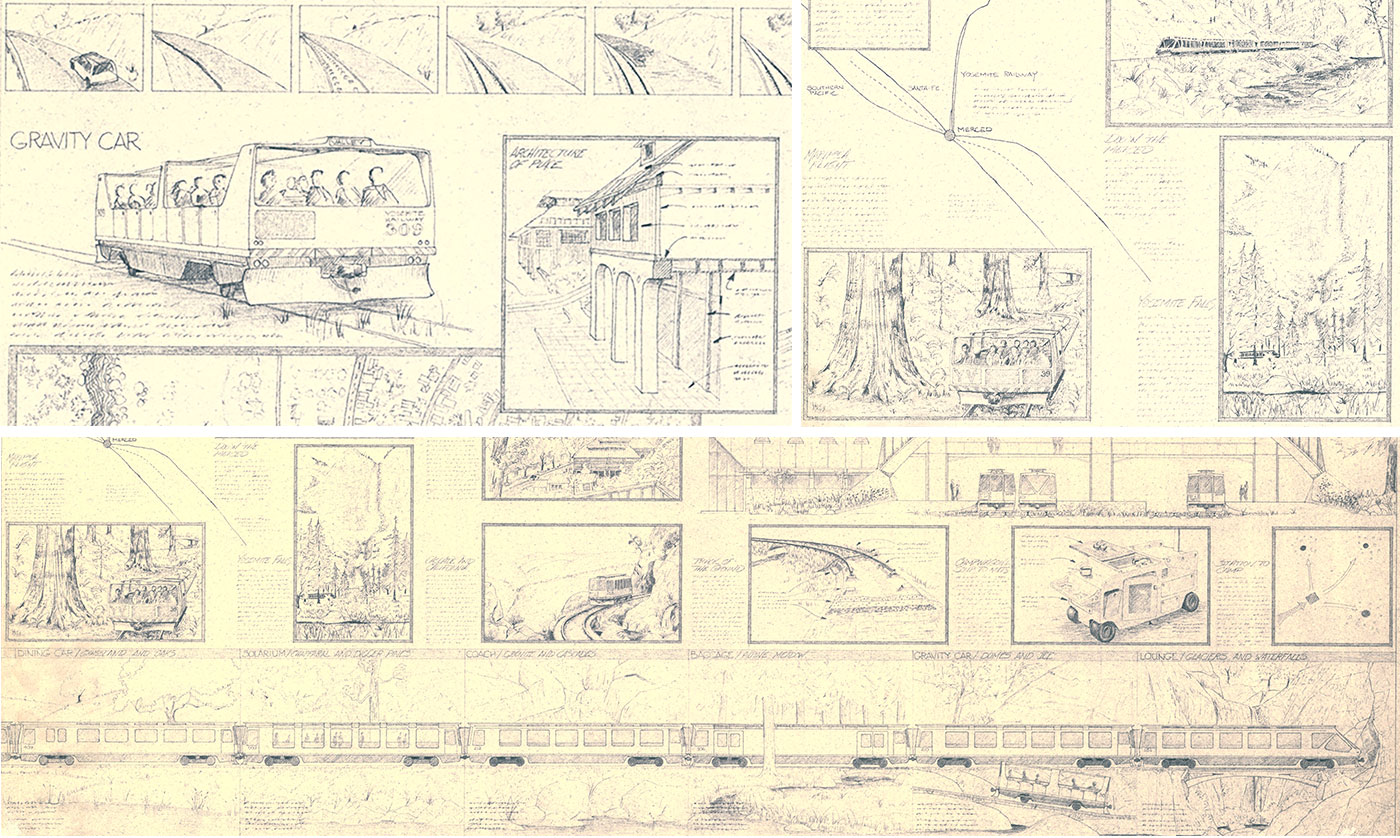 Selections of drawings showing various ideas of the gravity car and high speed train that would travel to Yosemite