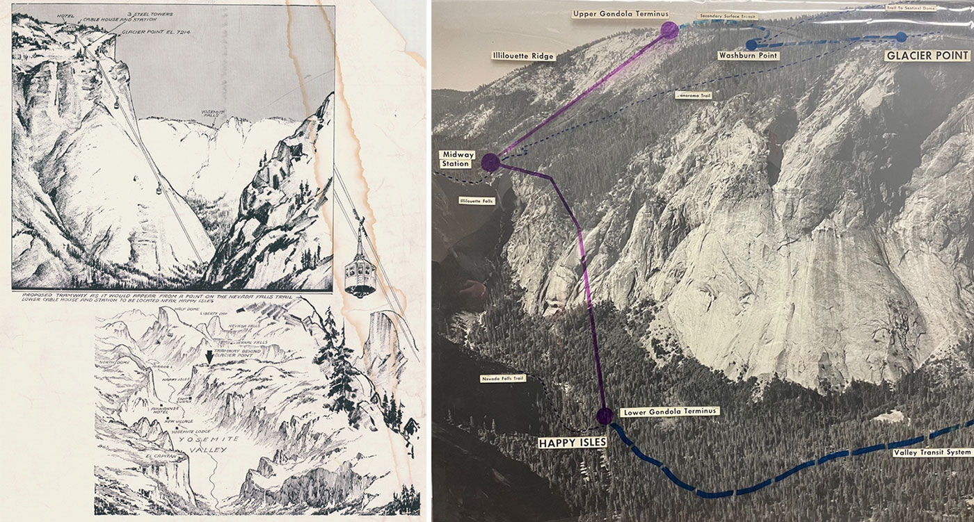 Left image: Historic drawings for the idea of an aerial tram in Yosemite. Right: Photo showing points within Yosemite that tram would interface with.