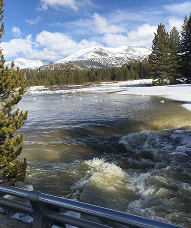 Tuolumne River draining from Tuolumne Meadows after flooding on April 7, 2018; a lot of water.