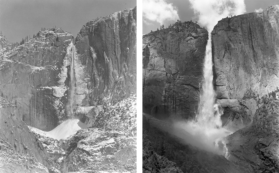 Two black-and-white photos of Yosemite Falls; photo from spring with lots of water and photo from summer with less water