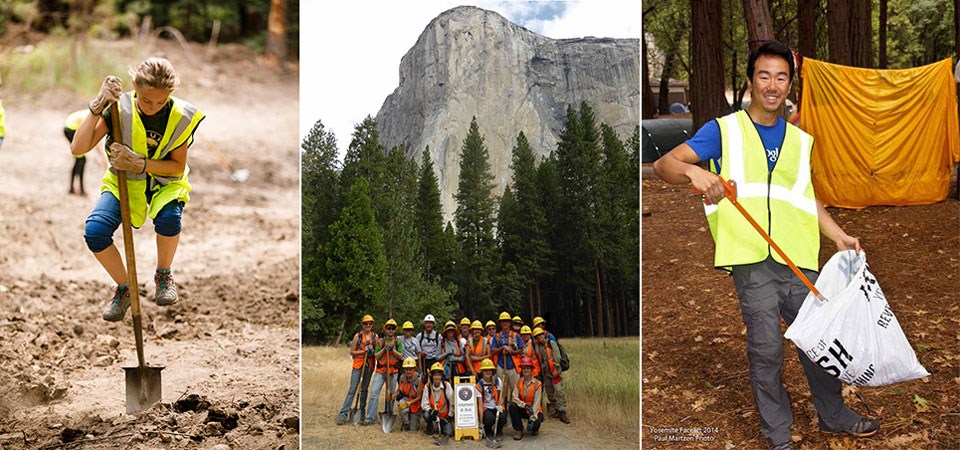 Three images: a person shoveling, a group of volunteers in front of El Capitan, and a person picking up trash