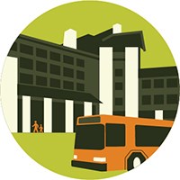 simple icon with a hotel and a shuttle bus