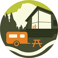 simple icon showing a visitor center, a campground, and a trail