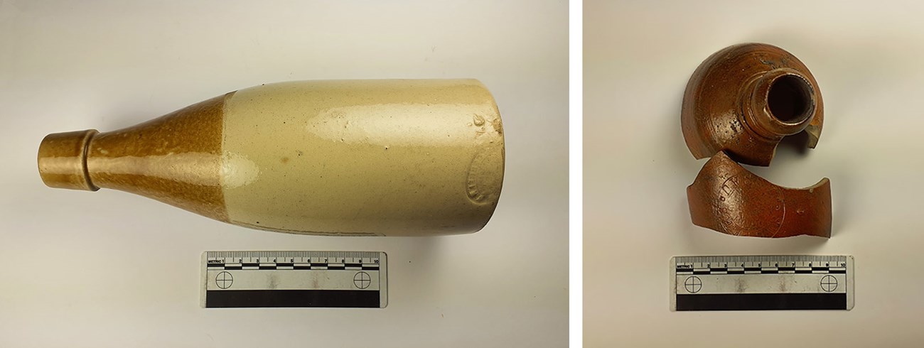 Left image: Ceramic bottle, whole. Right image: Ceramic bottle, fragmented.