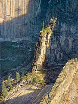 Oil painting of a cliff edge surrounded by shadows.