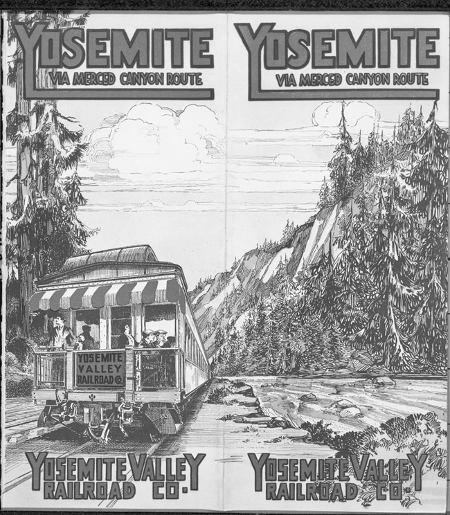 sketch of a train with passengers by a river with mountains and trees. Text says "Yosemite Via Merced Canyon Route" and "Yosemite Railroad Co."